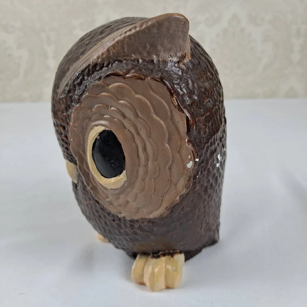 Hand Painted Pottery Owl Brown Tan Large Eyes